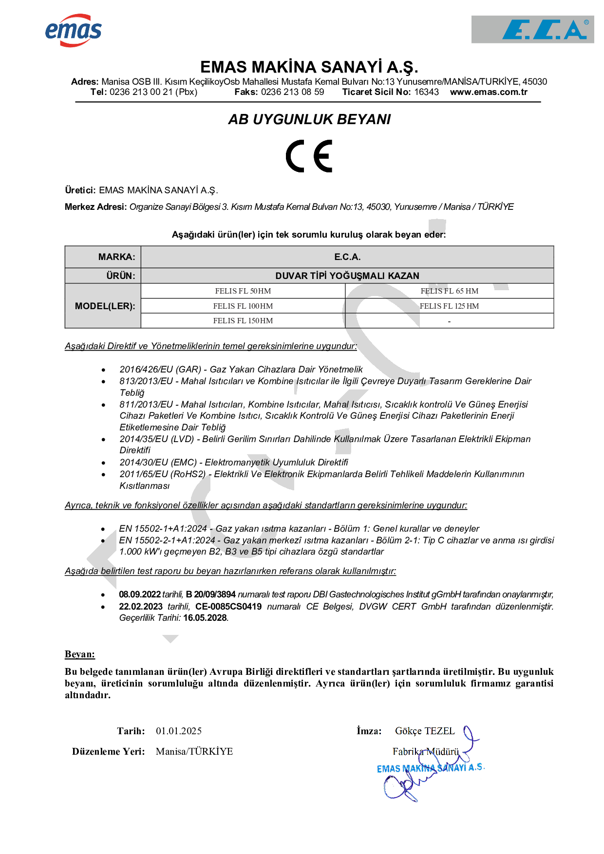 FELIS PRODUCT DOCUMENTS (CE,TSE) AND EU DECLARATION OF CONFORMITY