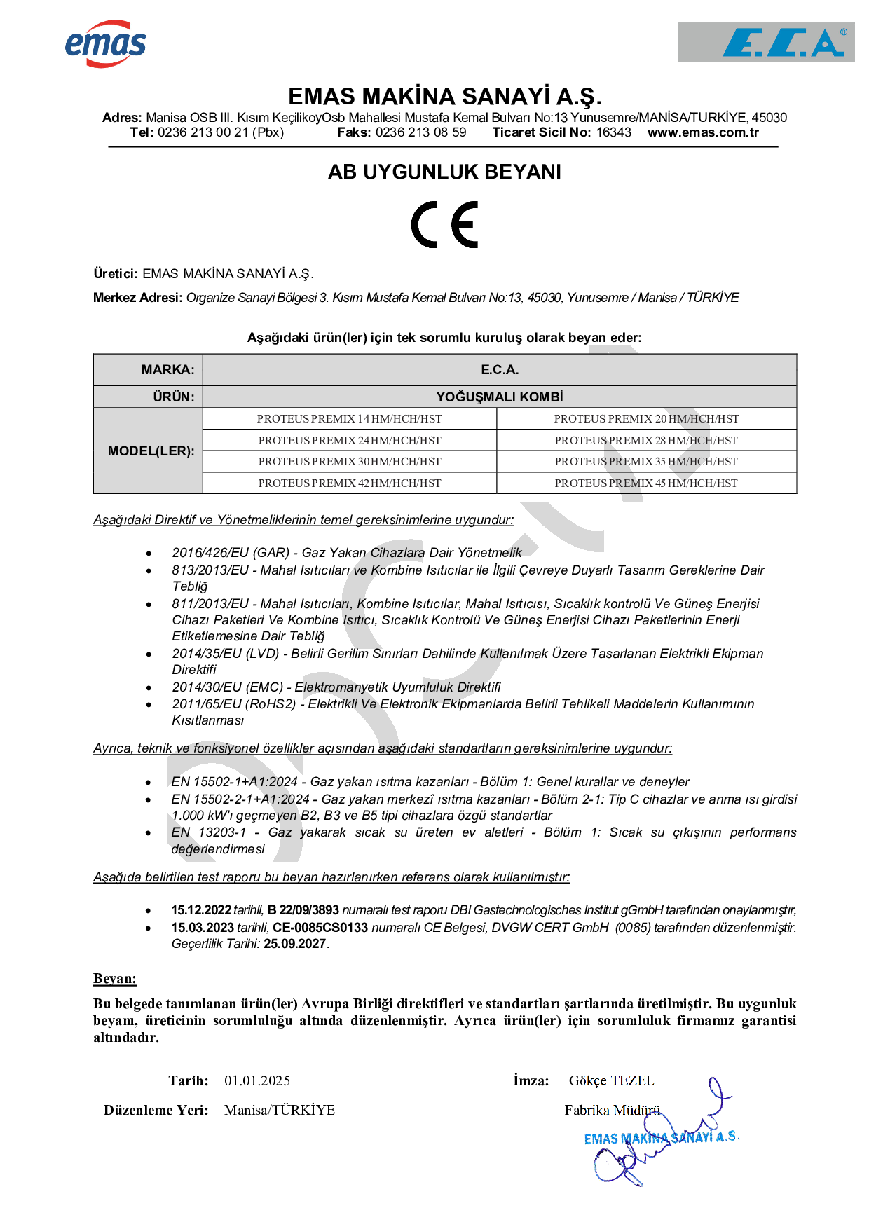 PROTEUS PREMIX PRODUCT DOCUMENTS (CE,TSE) AND EU DECLARATION OF CONFORMITY