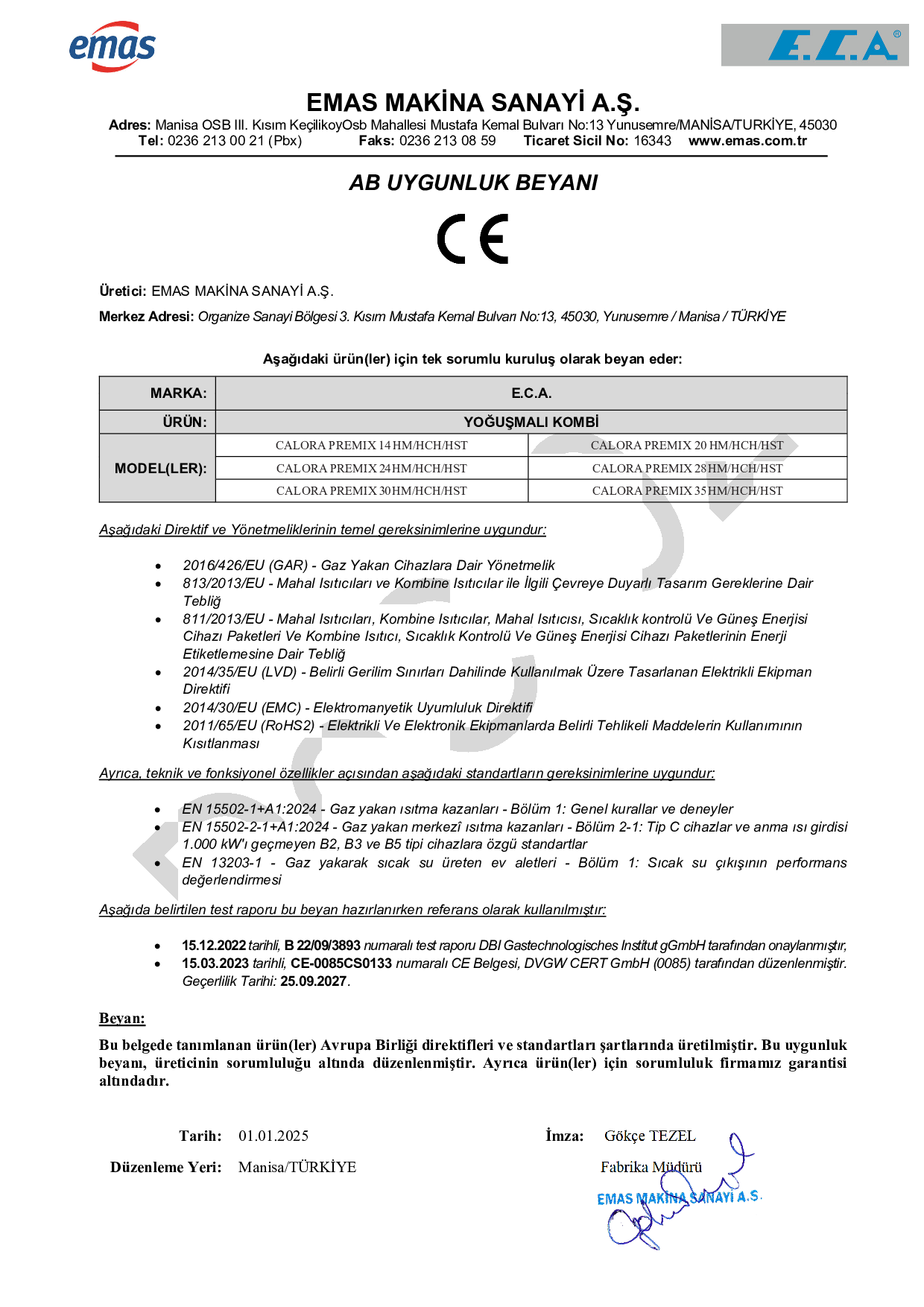 CALORA PREMIX PRODUCT DOCUMENTS (CE,TSE) AND EU DECLARATION OF CONFORMITY